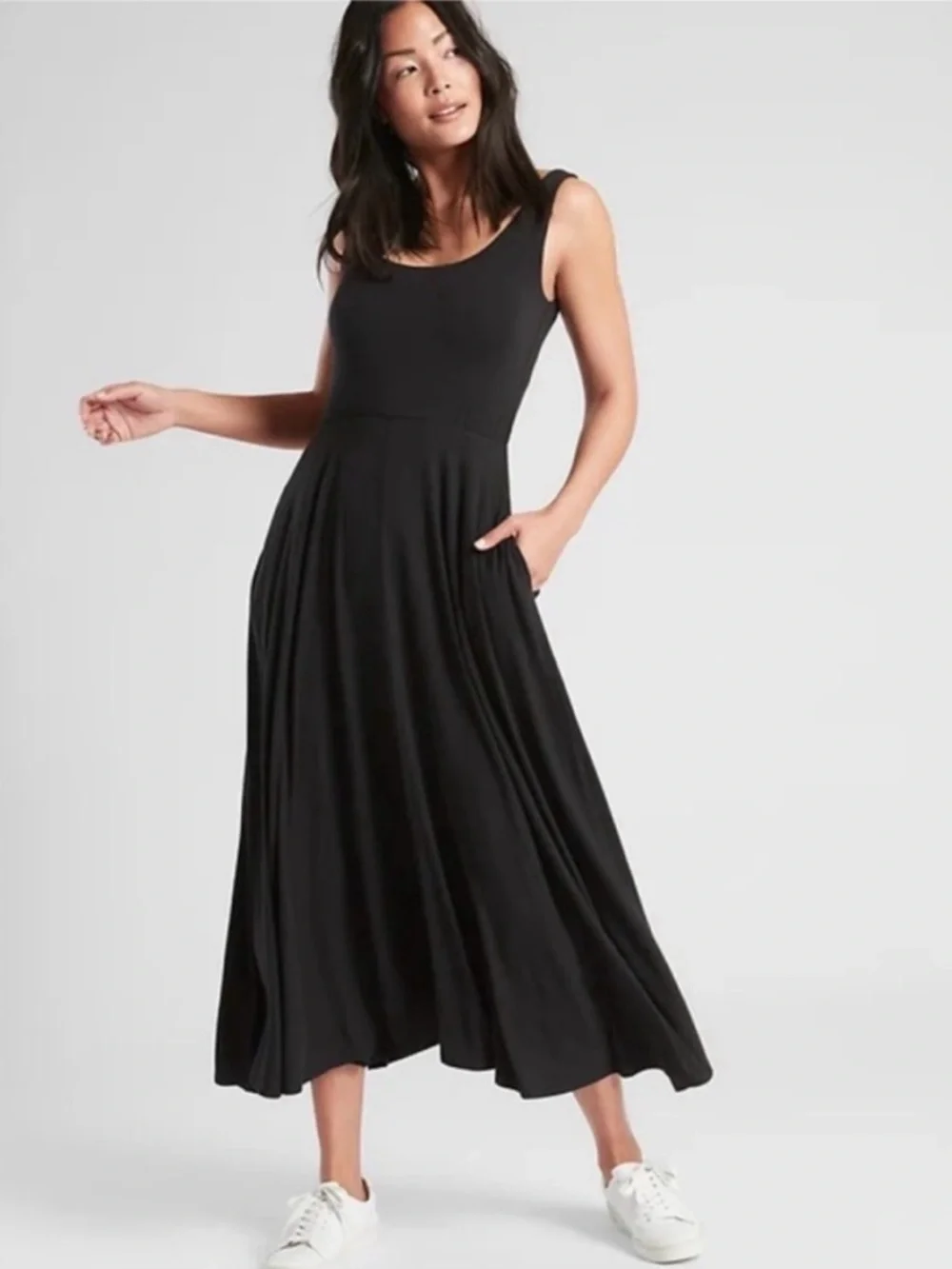 Athleta Black Santorini Midi Tank Dress. Super flattering and stretchy! Pockets - Picture 4 of 8